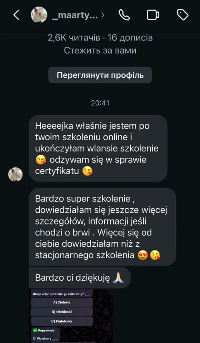 Opinia kursantki 1 — wiadomość z Instagrama