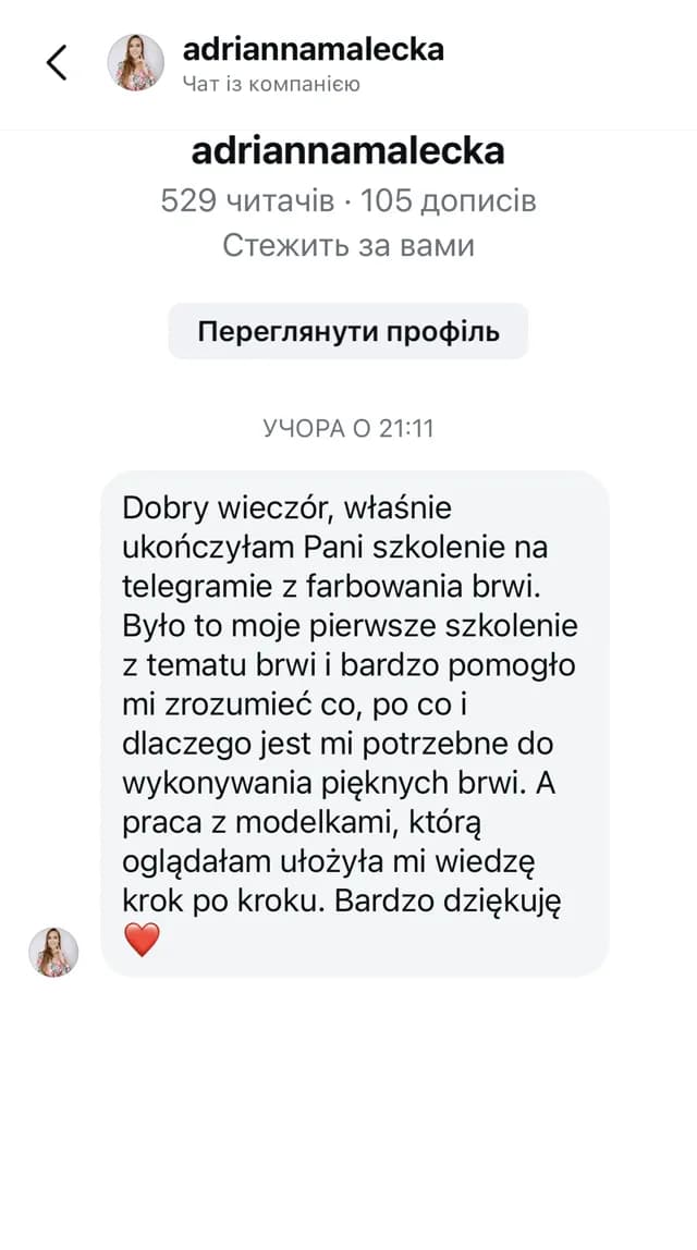 Opinia kursantki 5 — wiadomość z Instagrama